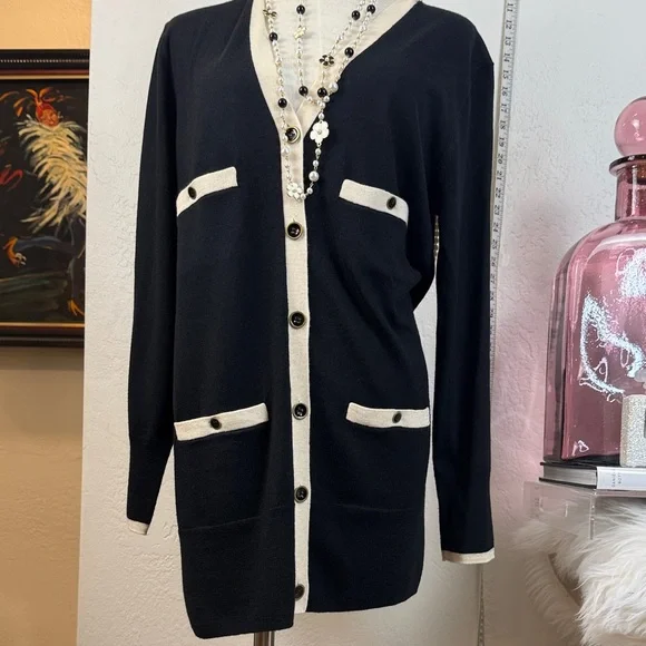 NWOT J.Crew Long Merino Wool Cardigan - Black & Ivory - Size M - Picture 3 of 11